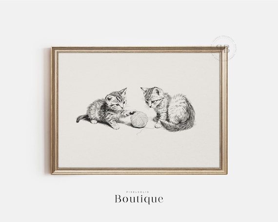 Two Playful Kittens Sketch With Yarn Ball Vintage Style Poster