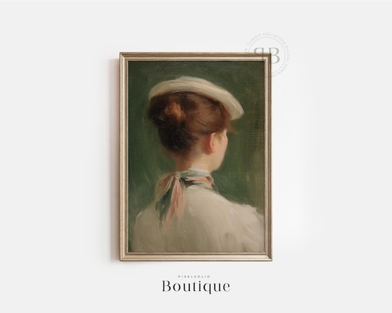 Woman In Hat Portrait Print Classical Oil Painting Elegant Female Figure Art Green Wall Decor Vintage Style No750