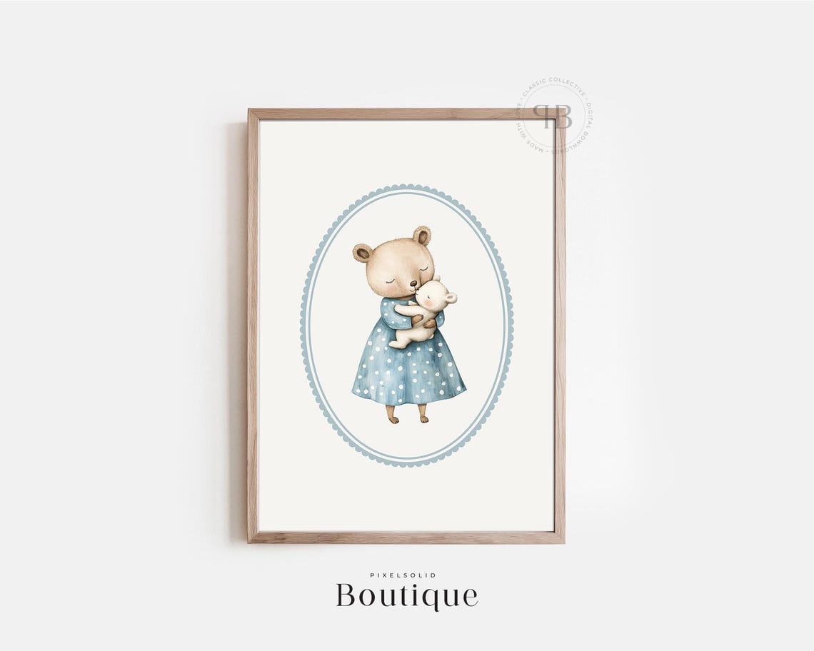 Mother Baby Bear Nursery Blue Polka Dot Watercolor Decor Wall Art