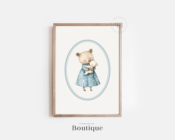 Mother Baby Bear Nursery Blue Polka Dot Watercolor Decor Wall Art