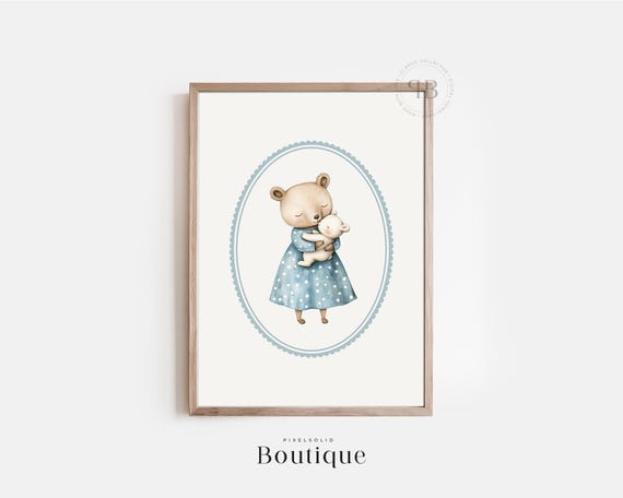 Mother Baby Bear Nursery Print Boys Watercolor Teddy Wall Art Shower Gift Blue Pastel Kids Decor No656