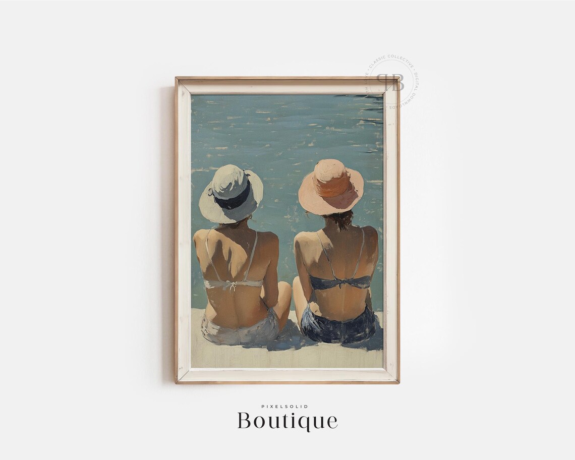 Two Women Sunbathing on the Beach Retro Coastal Painting Poster