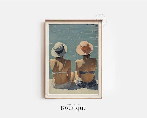 Two Women Sunbathing on the Beach Retro Coastal Painting Poster