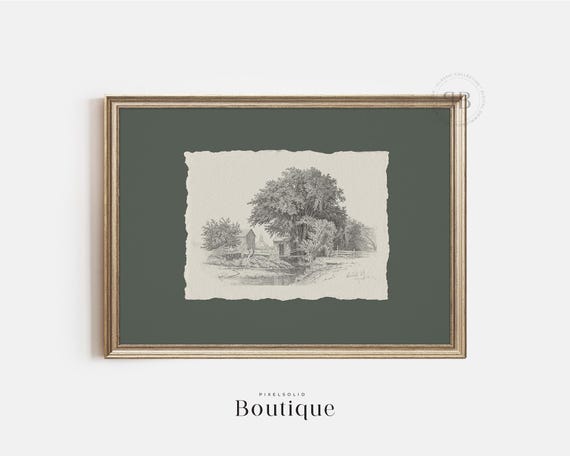 Country Watermill Landscape Sketch Rustic Farmhouse Stream Drawing Black White Wall Art Vintage Style No799