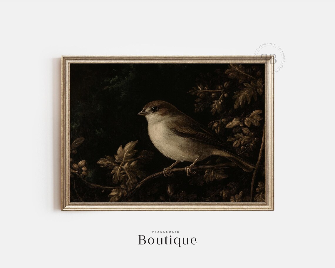 Moody Sparrow Dark Vintage Style Farmhouse Bird Painting Poster