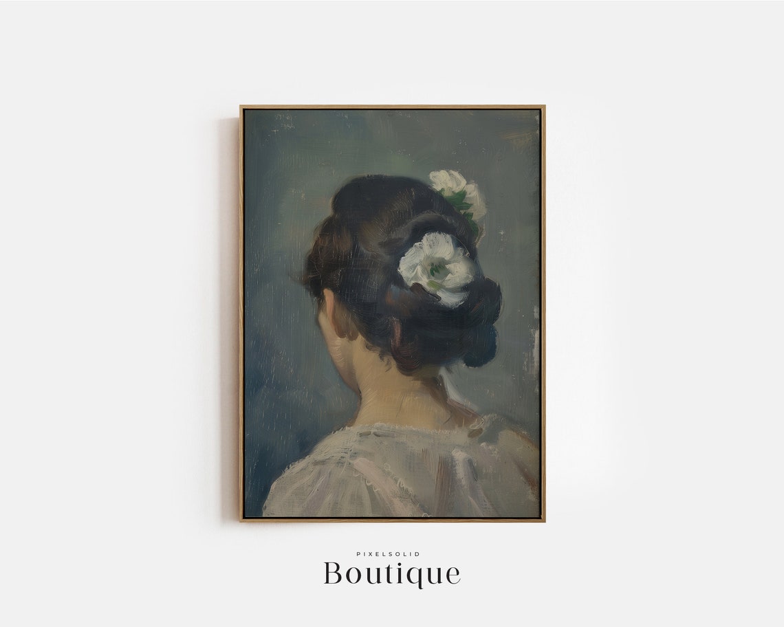Portrait Of A Woman With White Flower Moody Cool Tones Vintage French Art Wall Print Fine Decor Female No418