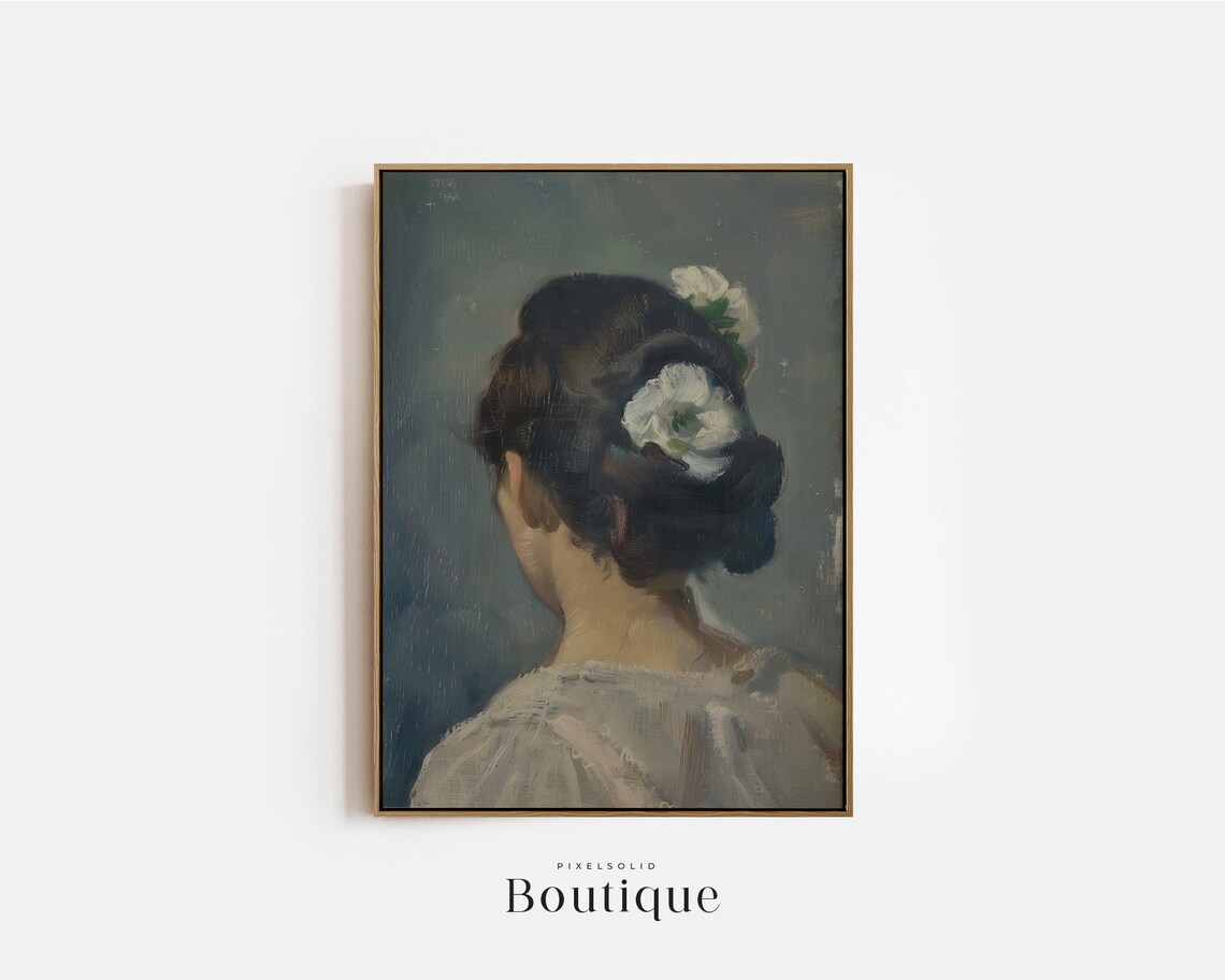 Woman With White Flower Moody Vintage French Portrait Art Print