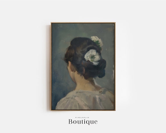 Portrait Of A Woman With White Flower Moody Cool Tones Vintage French Art Wall Print Fine Decor Female No418