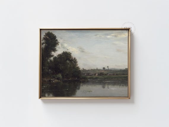 River Landscape Wall Art Peaceful Countryside Painting Rustic Cottage Scene Vintage Style Decor No827