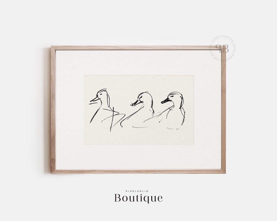 Minimalist Three Ducks Black Ink Line Drawing Animal Sketch Poster