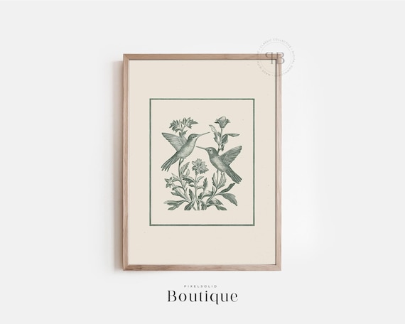 Hummingbird Botanical Floral Wall Art, Vintage Style