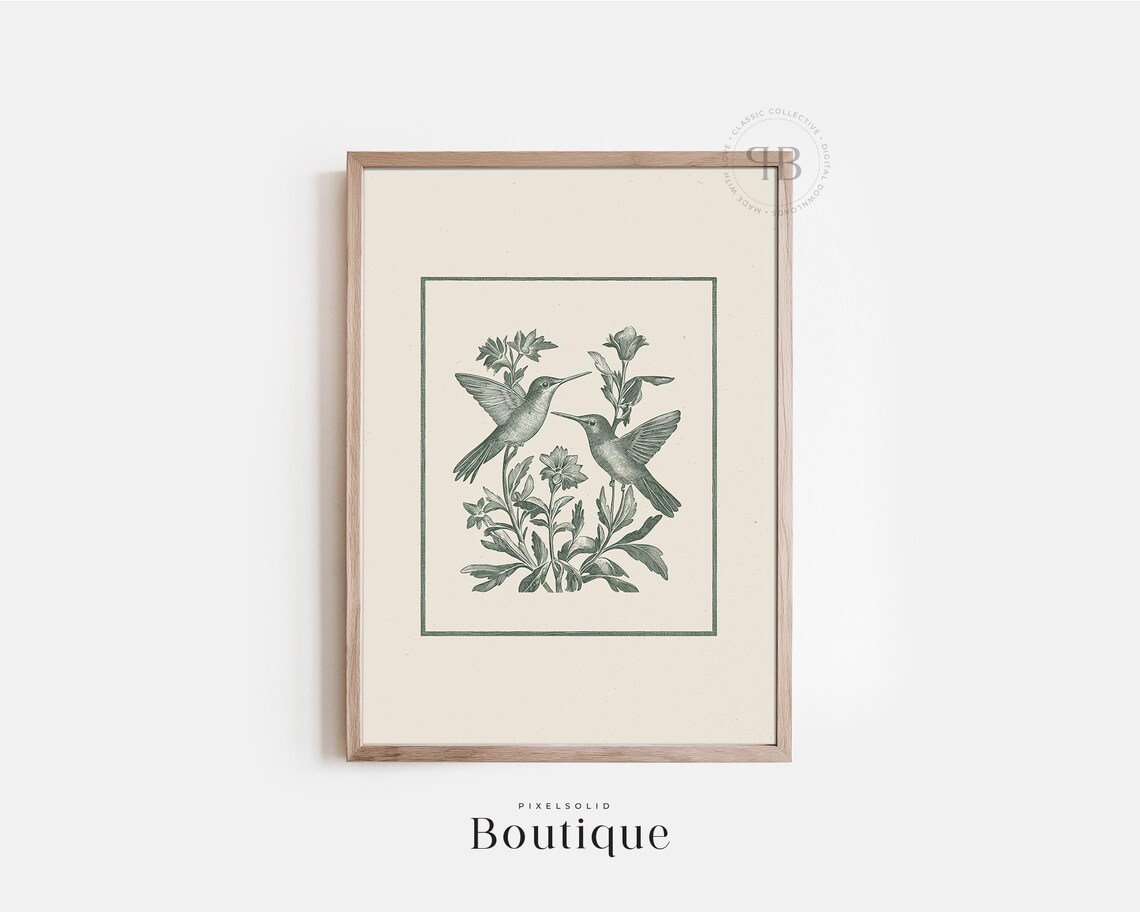 Hummingbird Botanical Floral Wall Art, Vintage Style