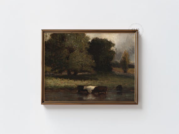 Tonalist Farm Landscape Print Cows Drinking Water Moody Rural Scene Wall Art Country Cabin Decor Vintage Style No845