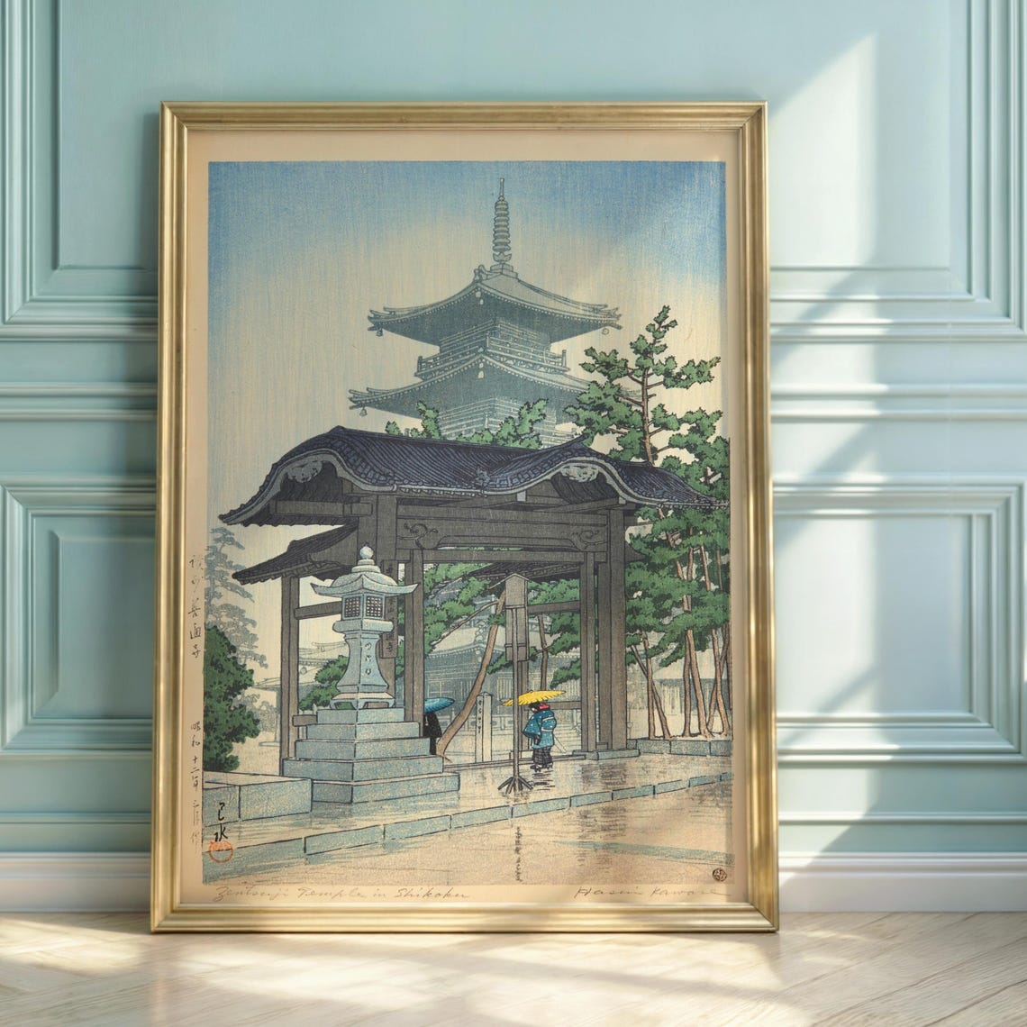 Hasui Kawase Zentsuji Temple Pagoda Rainy Day Woodblock Poster