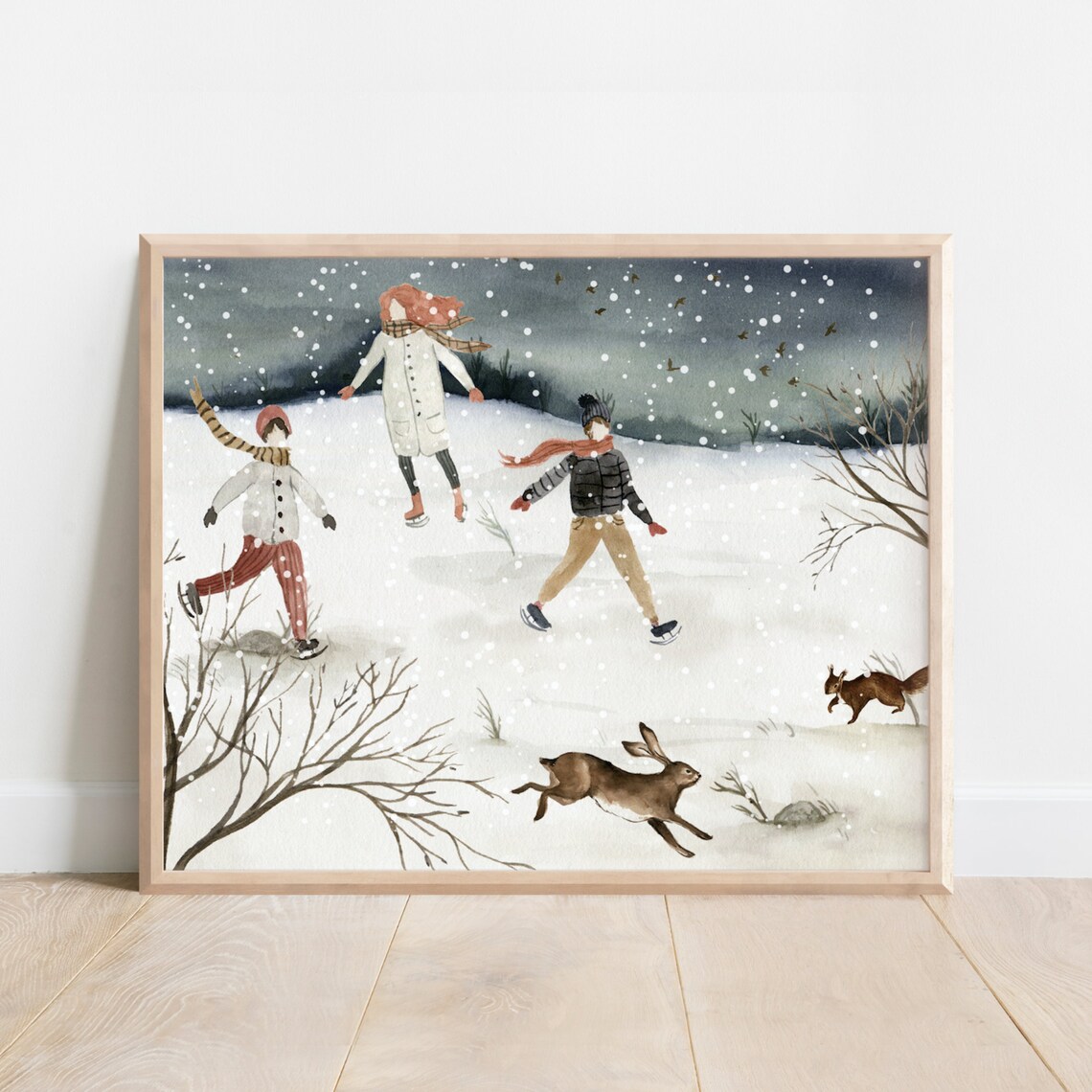 Winter Ice Skating Watercolor Poster Kids Snowy Pond Holiday Scene Art
