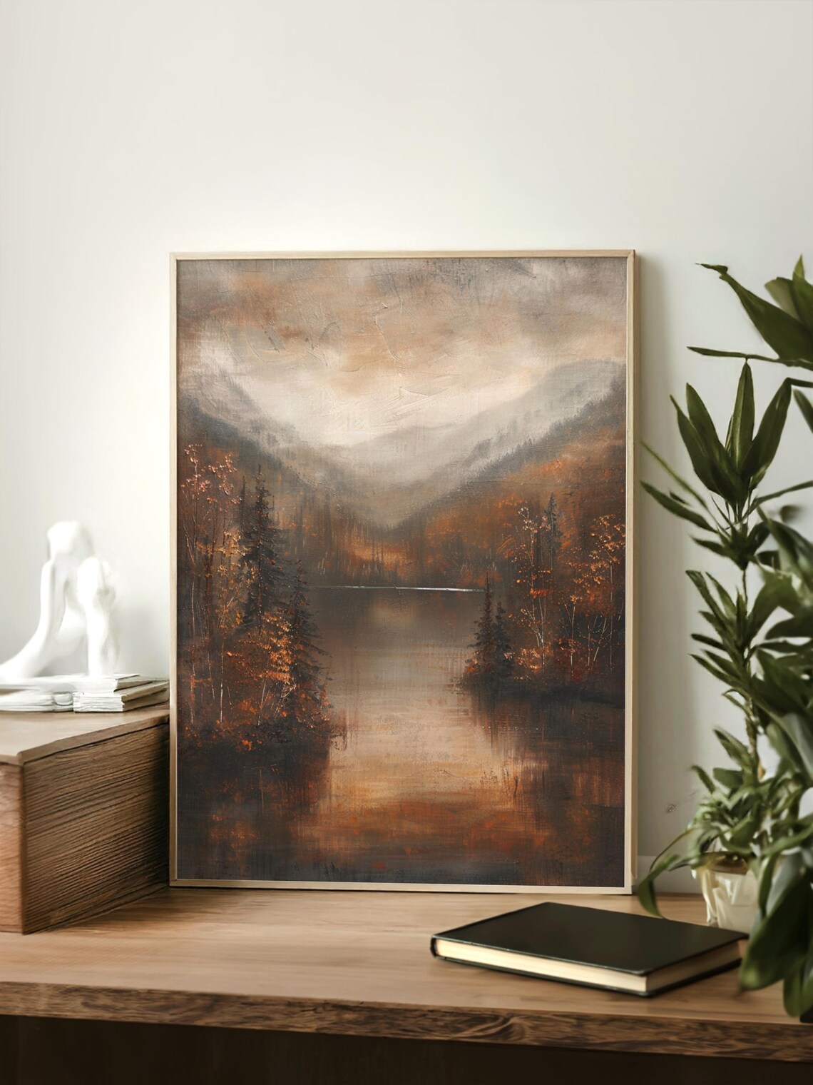 Vintage Fall Lake Landscape Art Print, Rustic Farmhouse