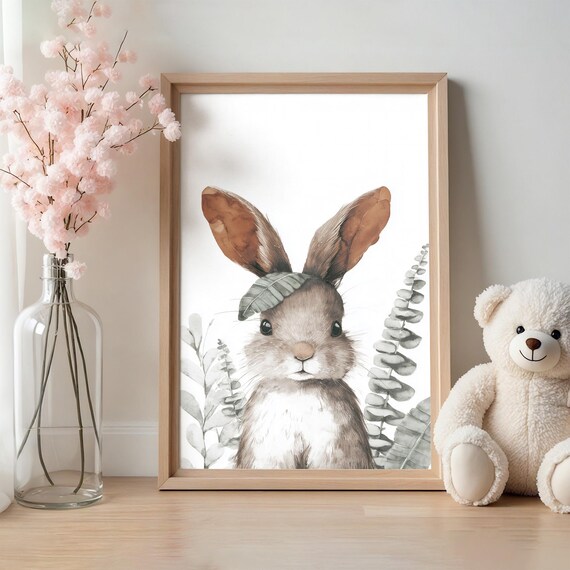 Baby Bunny Portrait Eucalyptus Leaves Soft Watercolor Nursery Print
