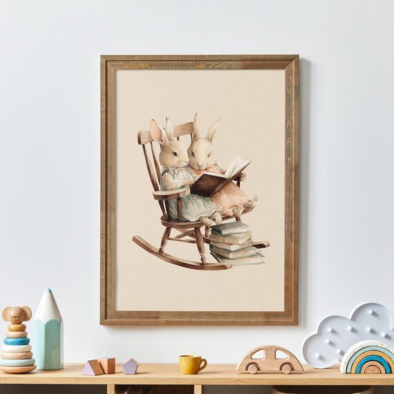 Bunny Siblings Reading a Book in a Rocking Chair Cozy Nursery Poster