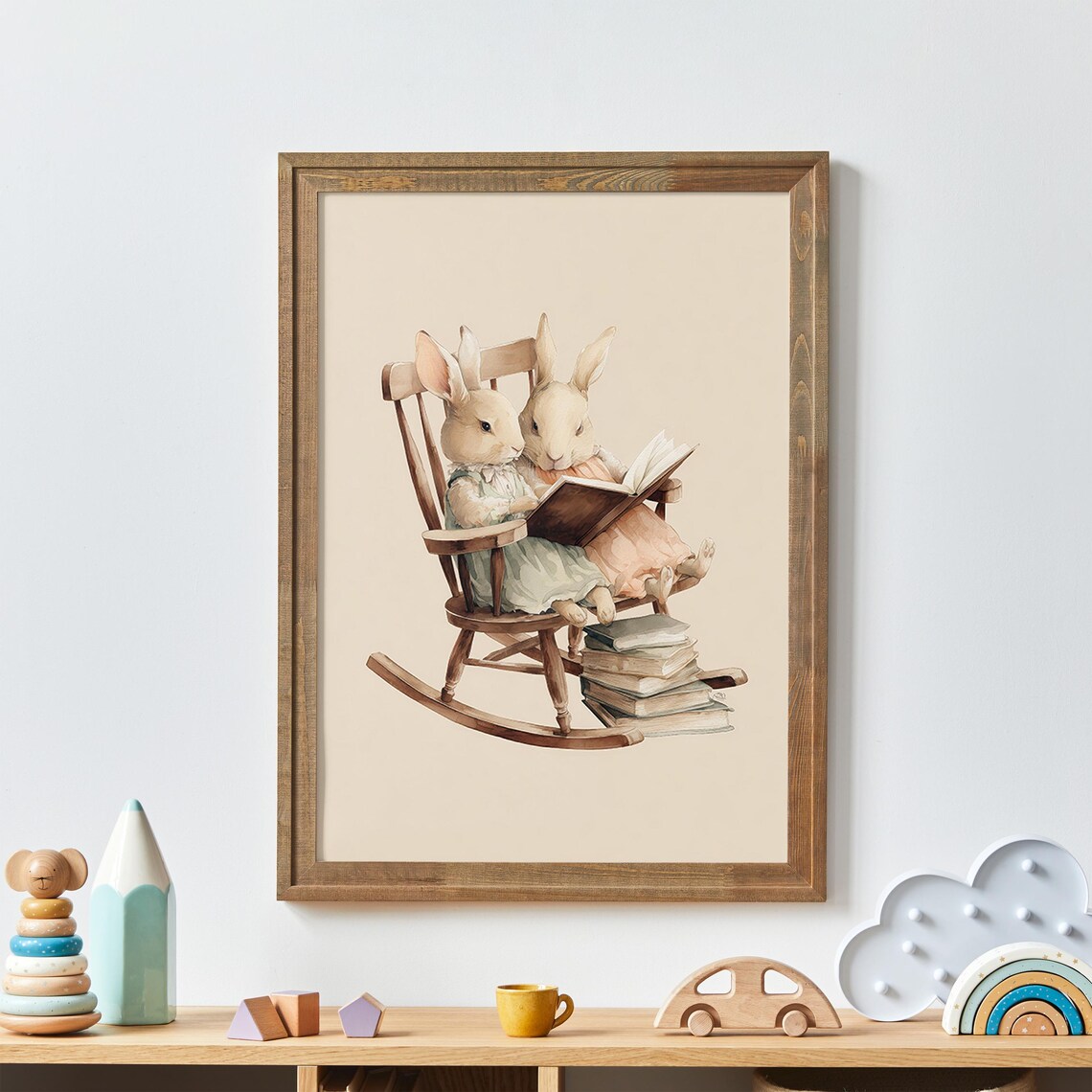 Bunny Siblings Reading a Book in a Rocking Chair Cozy Nursery Poster
