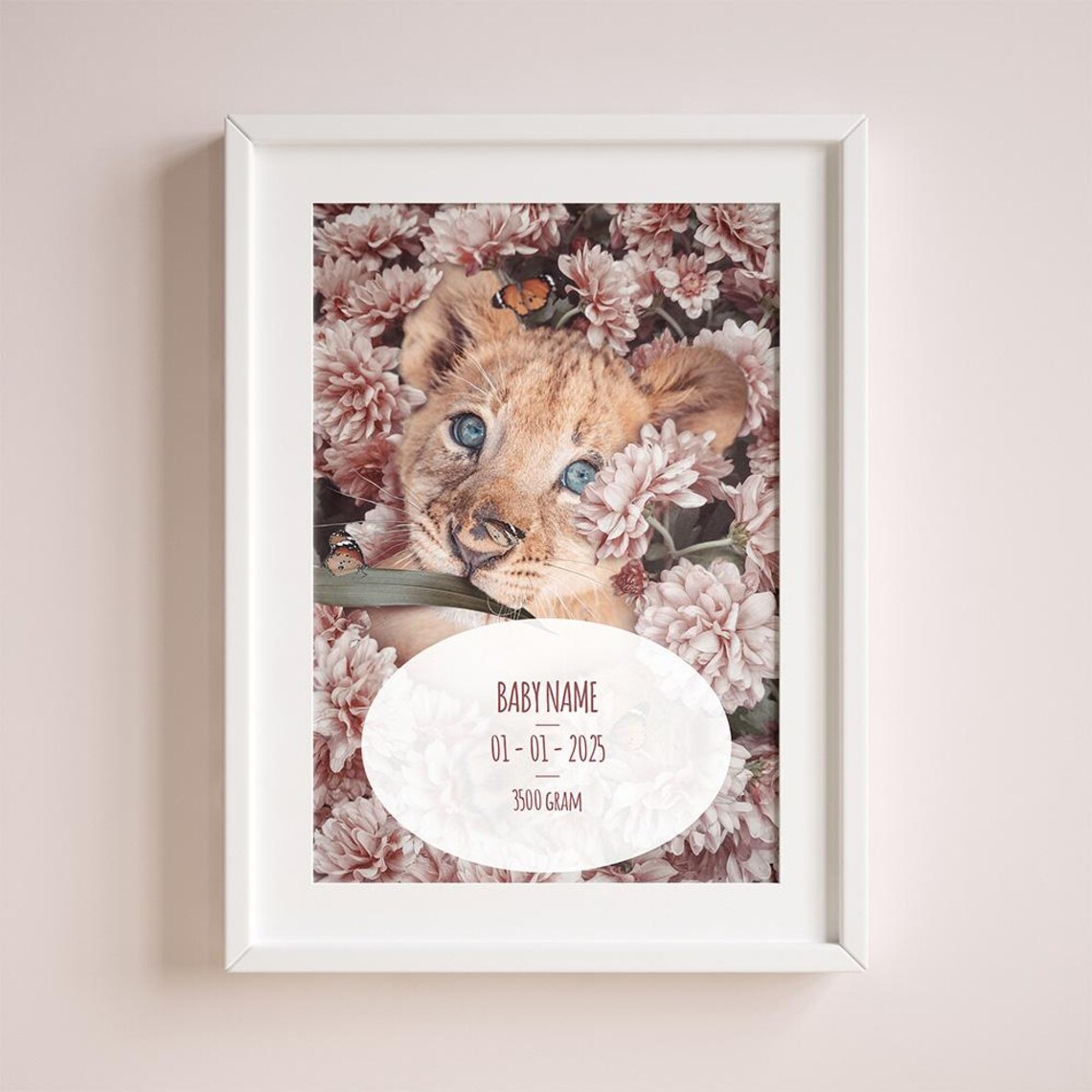 Personalized Baby Lion Cub Floral Birth Stats Nursery Wall Art