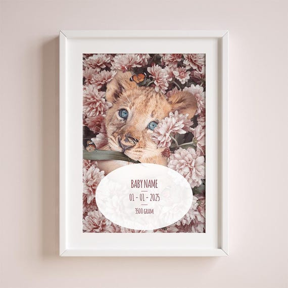 Lion Cub Birth Stats Poster Personalized Baby Nursery Art Cute Animal Shower Gift