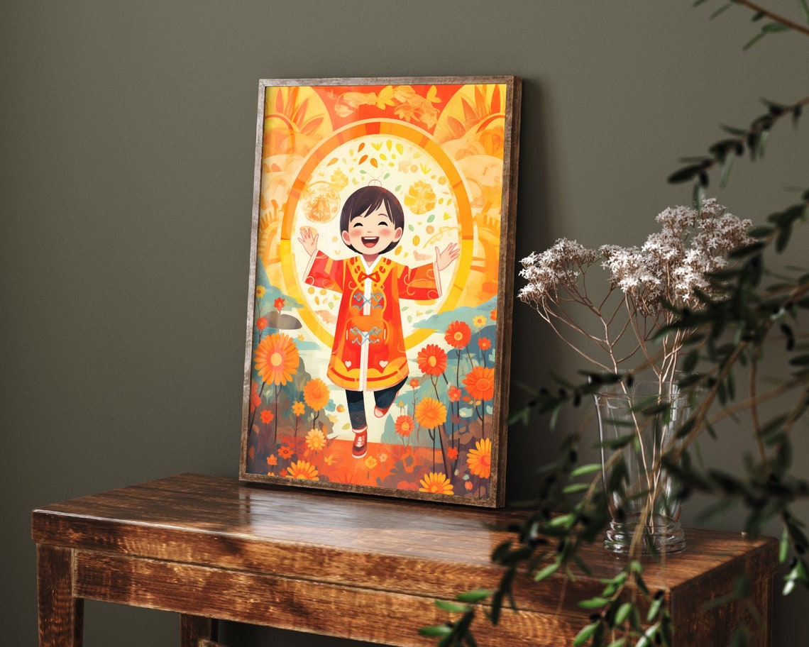 Smiling Chinese Boy in Red Festival Costume Among Sunflowers Poster
