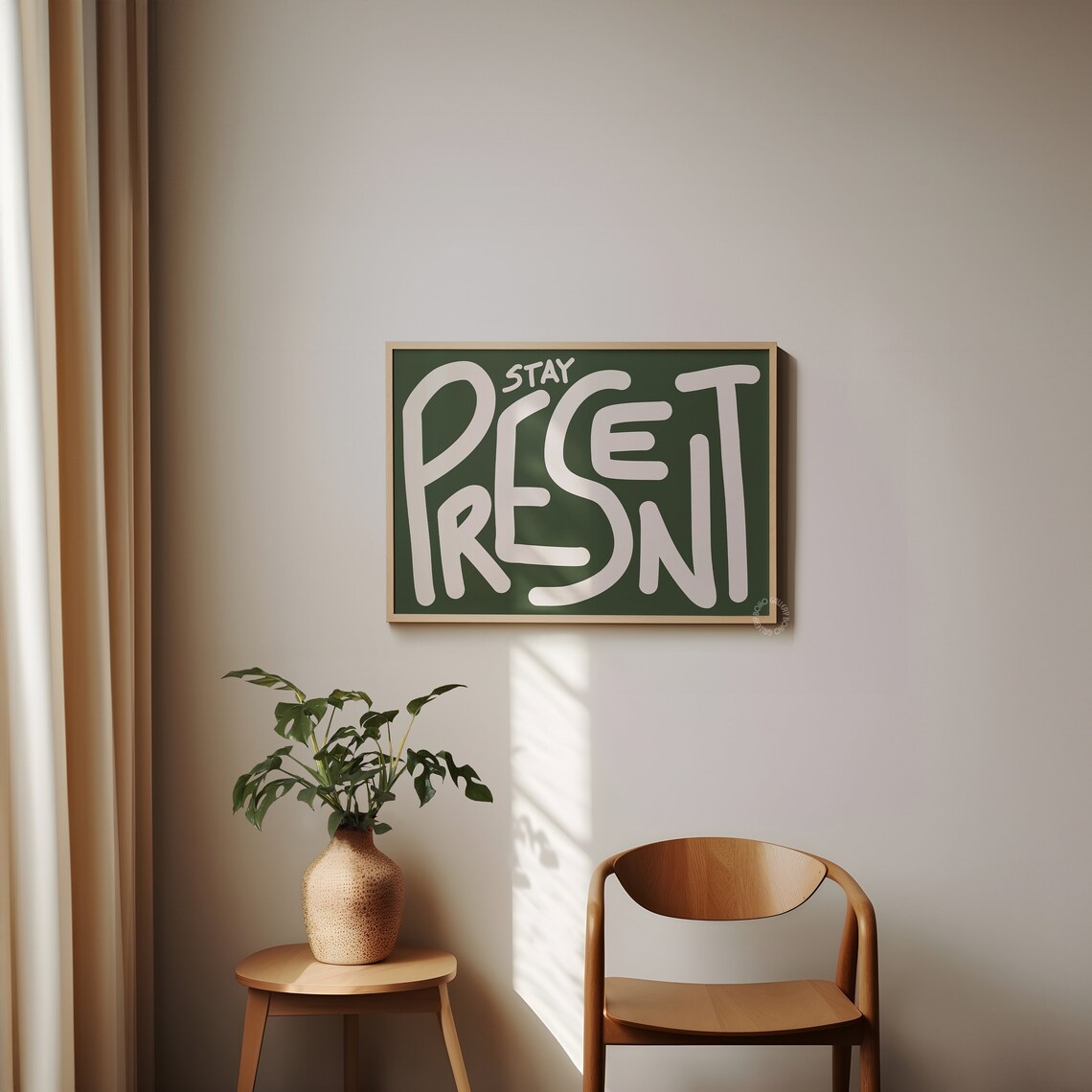 Stay Present Green Minimalist Quote Art Print - Image 2