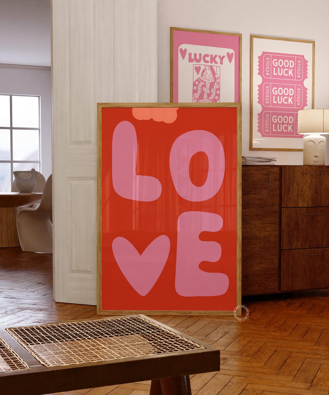 Red Background Pink LOVE Heart Typography Poster Bold Retro Decor