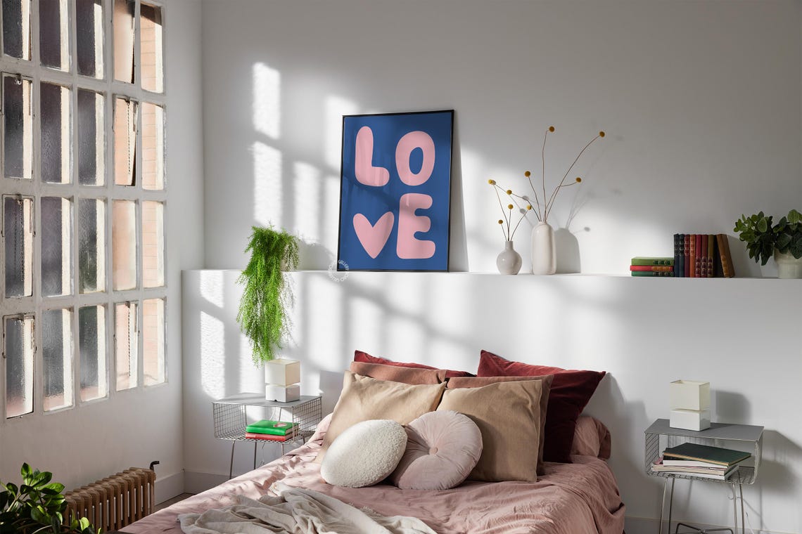 Love Typography Pink Letters Navy Blue Chunky Heart Retro Poster - Image 3
