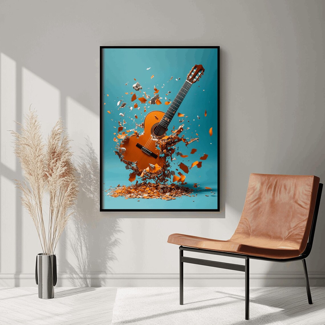 Acoustic Guitar Shattering Into Pieces Teal Explosion Music Poster - Image 2