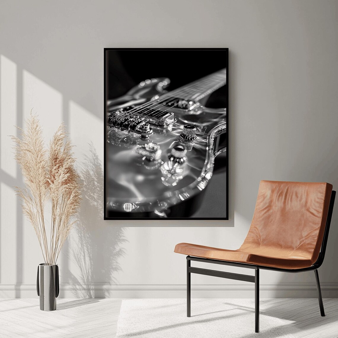 Electric Guitar Hardware Strings Macro Black White Music Poster - Image 3