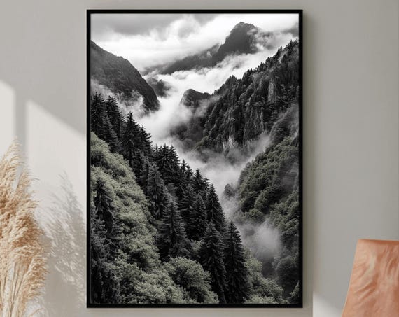 Forest Mountains Print Foggy Mountain Landscape Large Wall Art Green Forest Landscape Print Nature Picture