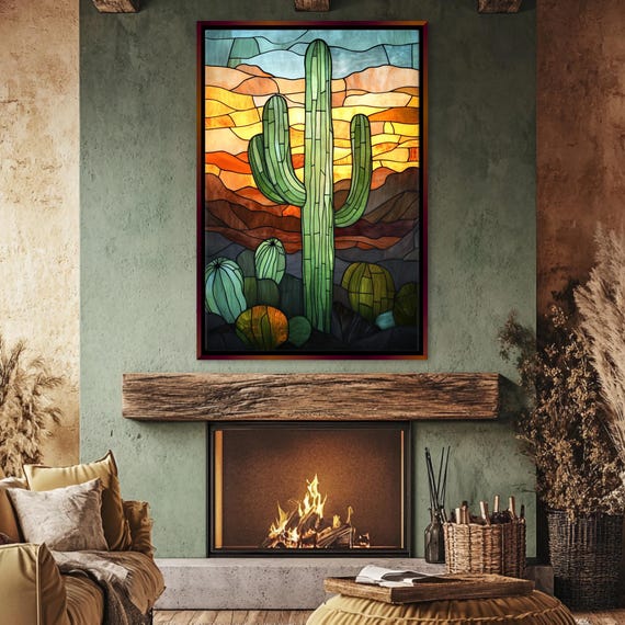 Stained Glass Lone Saguaro Cactus Wall Art Print