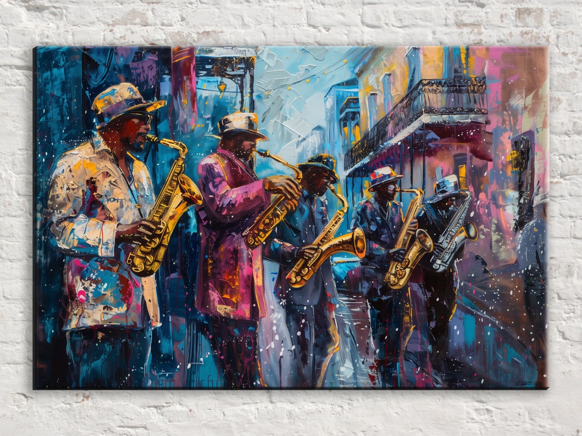New Orleans Bourbon Street Jazz Saxophone Band Night Scene Poster