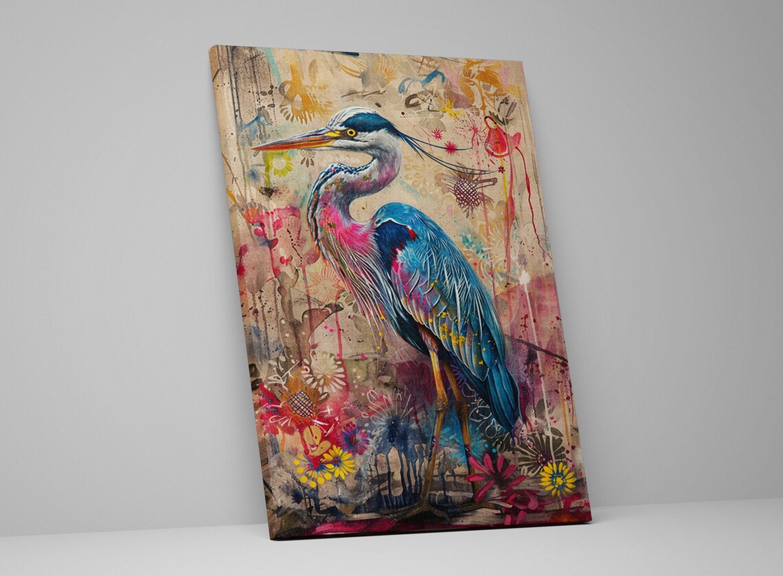 Elegant Blue Heron Among Flowers Wall Art Print - Image 5