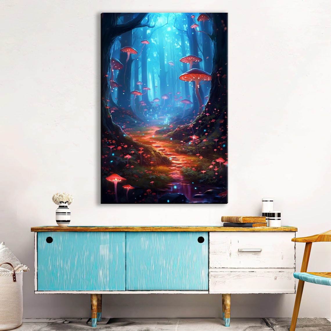 Enchanted Forest Glowing Mushrooms Magical Blue Night Poster - Image 2