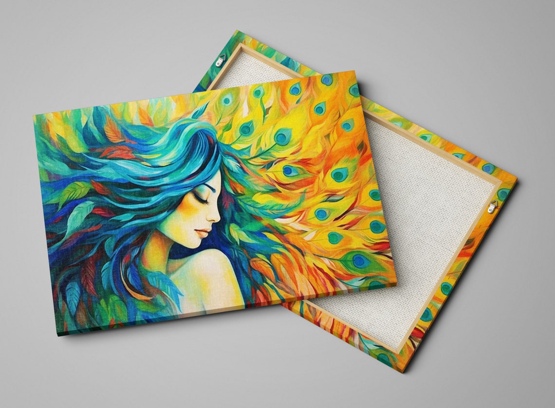 Golden Teal Hair Woman Peacock Feathers Dreamy Profile Art Poster - Image 4