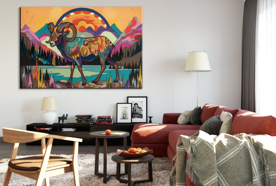 Colorful Bighorn Sheep Mountain Lake Psychedelic Collage Art Poster - Image 2