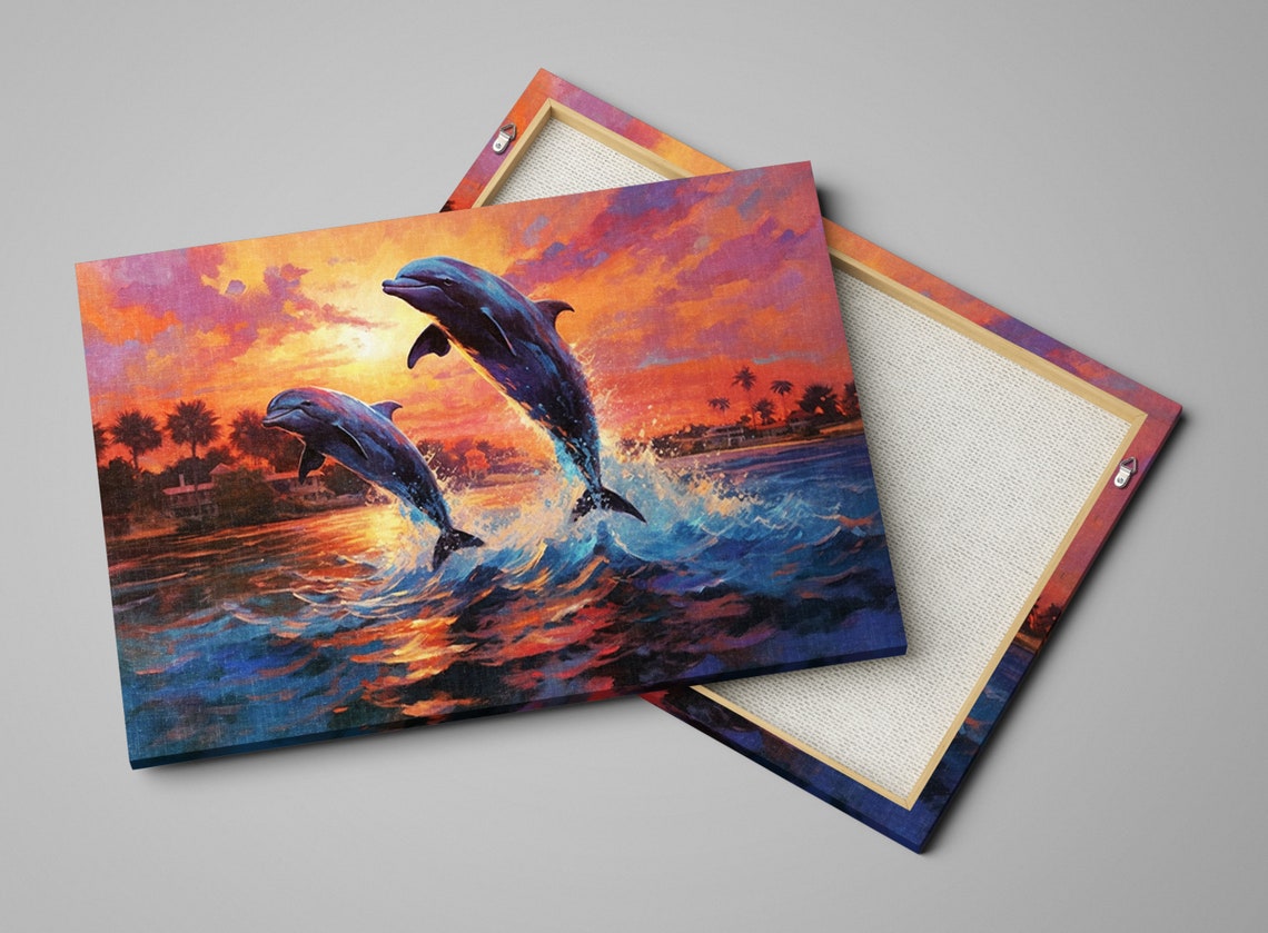 Playful Two Dolphins Leaping Sunset Ocean Palm Coastline Art Poster - Image 4