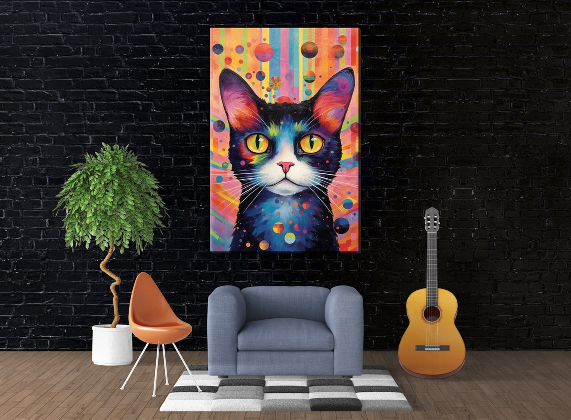 Black Cat Portrait Rainbow Bubble Background Yellow Eyes Pop Art Print - Image 2