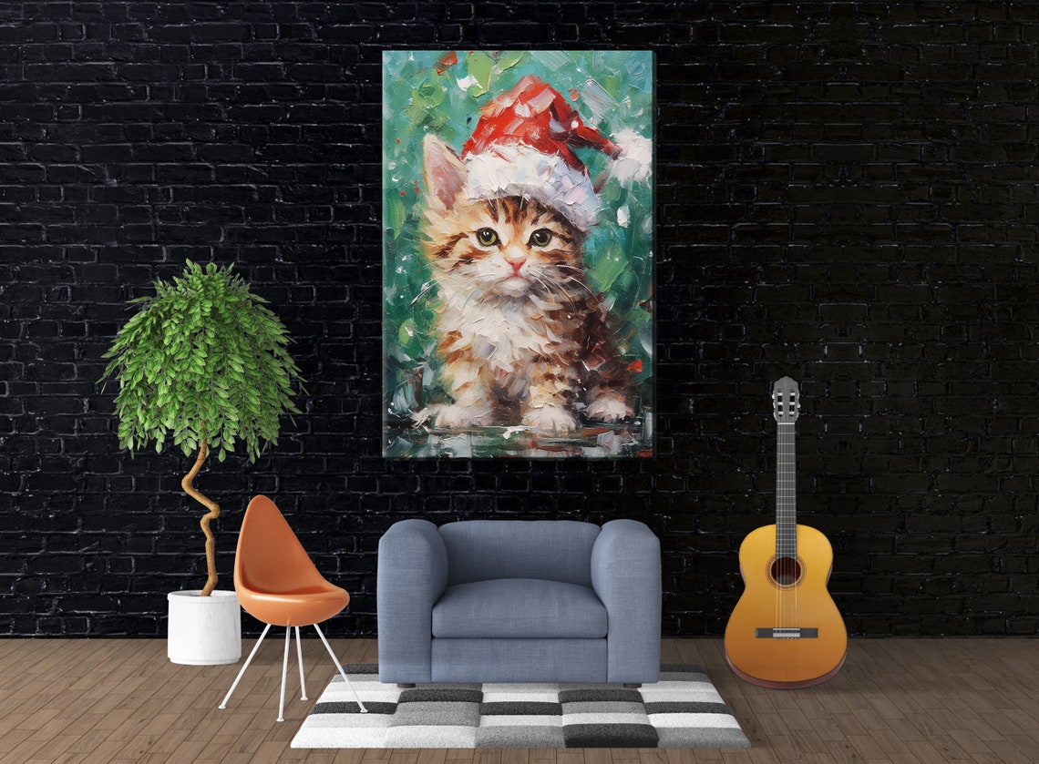 Cute Tabby Kitten In Santa Hat Painterly Christmas Cat Art Wall Poster - Image 4