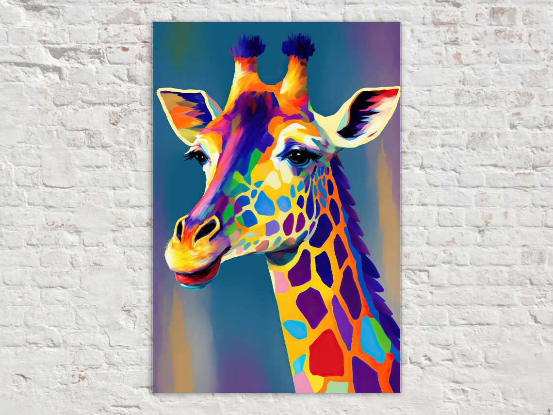 Colorful Giraffe Portrait Pop Art Multicolor Blue Background Wall Art