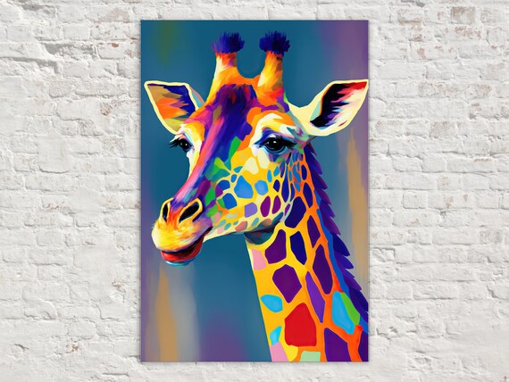Colorful Giraffe Portrait Pop Art Multicolor Blue Background Wall Art
