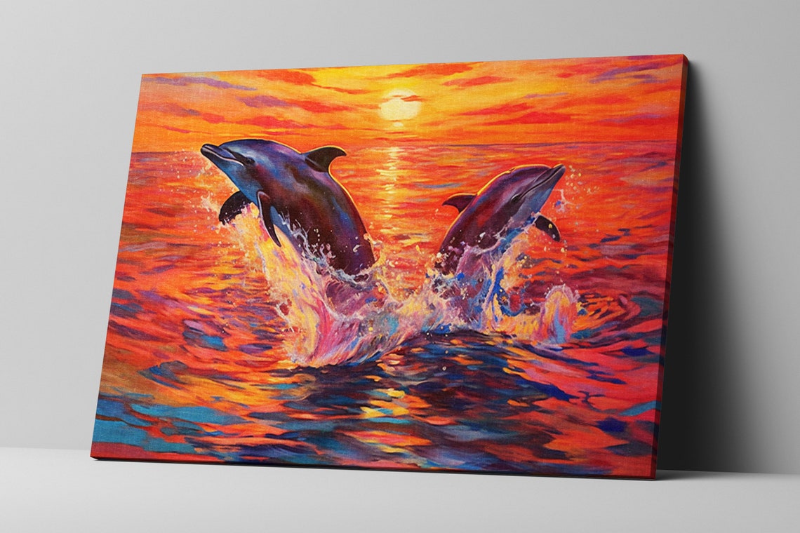 Twin Pair of Dolphins Leaping Fiery Orange Sunset Ocean Poster - Image 5