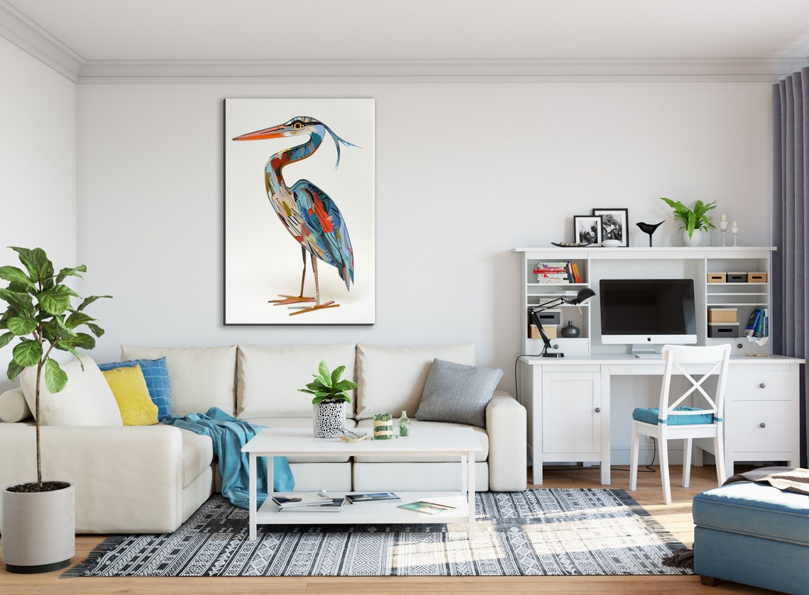 Abstract Collage Blue Heron Minimalist White Background Bird Poster - Image 3