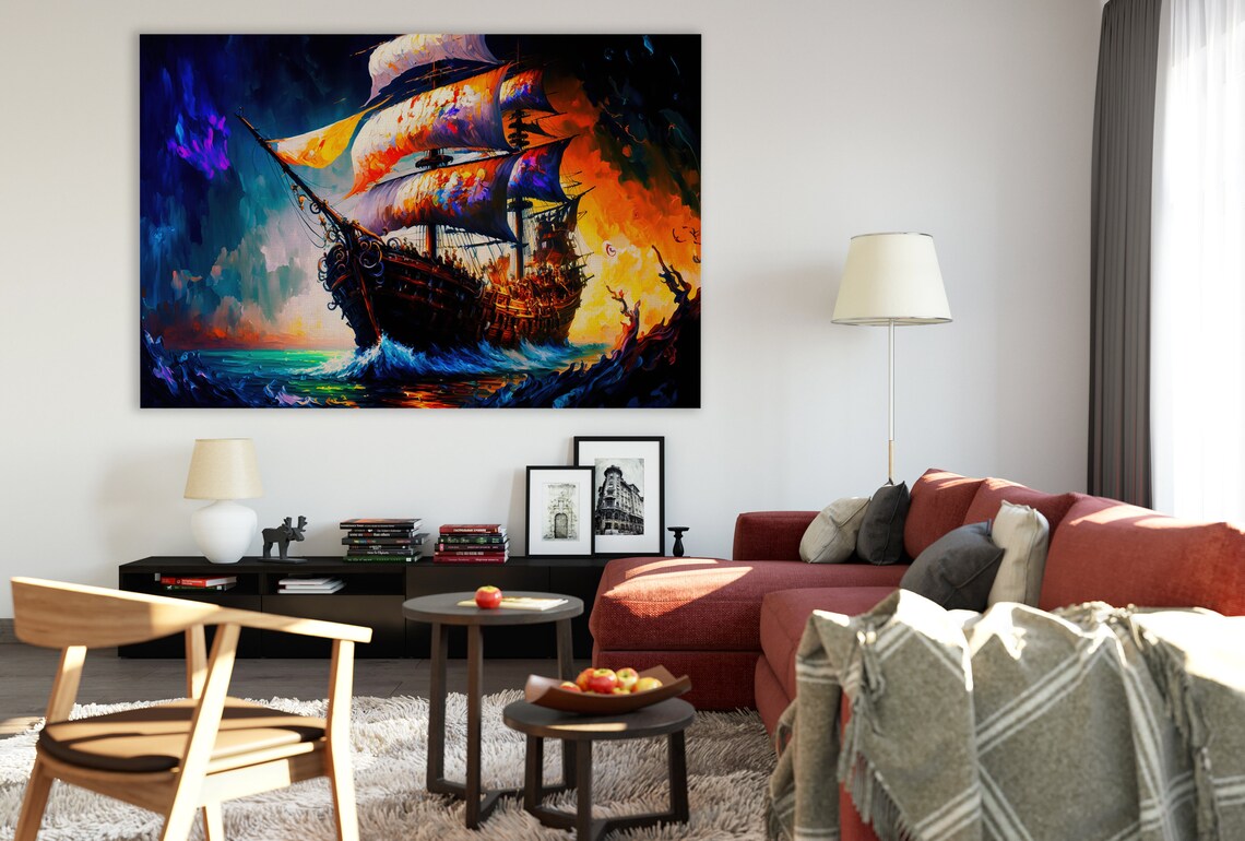 Haunted Pirate Ship Dark Waters Fiery Orange Sky Ghost Galleon Poster - Image 3