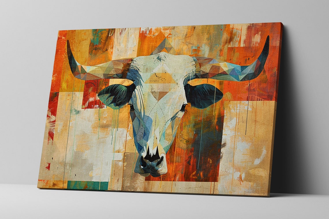 Faceted Longhorn Cow Skull Geometric Orange Sunset Western Art Poster - Image 4