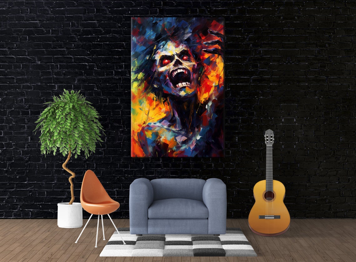Screaming Zombie Skull Red Eyes Chaotic Expressionist Horror Art Print - Image 3
