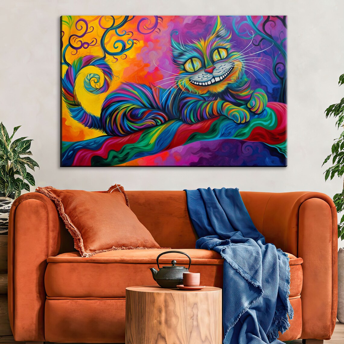 Colorful Cheshire Cat Lounging Swirling Wonderland Branch Fantasy Art Poster - Image 2