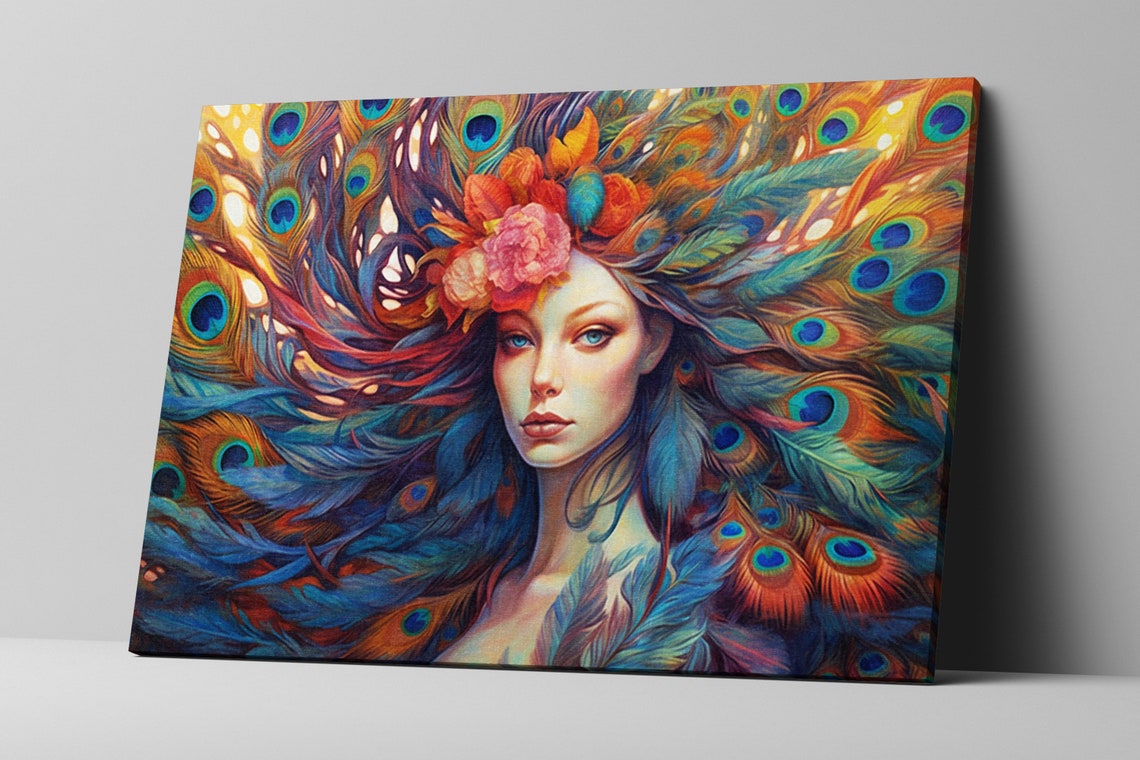 Peacock Feather Headdress Woman Portrait Copper Teal Art Poster - Image 5